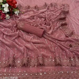 SHIMMER SAREE WITH MIRROR WORK AND CHEMICAL LACE AND DIMOND HAND WORK