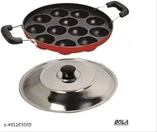 BOLA Appam Pan with Lid Appam Maker 12 Cavity Appam Chatty Appam Pan Aluminium, Appam Kadai Non Stick with Lid