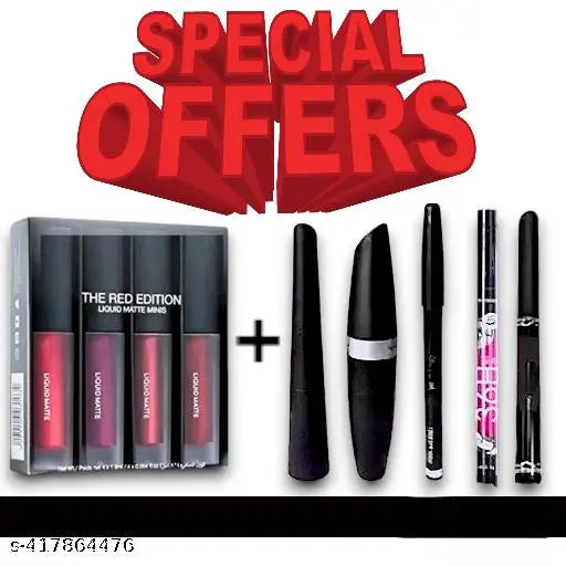 Combo of 4in 1 Red matte lipstick with 4 different shades and  Waterproof Eyeliner, Mascara With Eyebrow Pencil  3 g (Black) & 2 LONG LASTING EYELINER PENCIL & ADS KAJAL